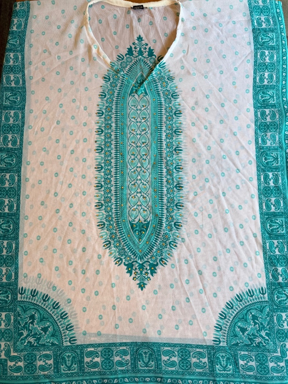Ana & Rose Teal White Paisley Medallion Kaftan Cover Up One Size Studded V-Neck